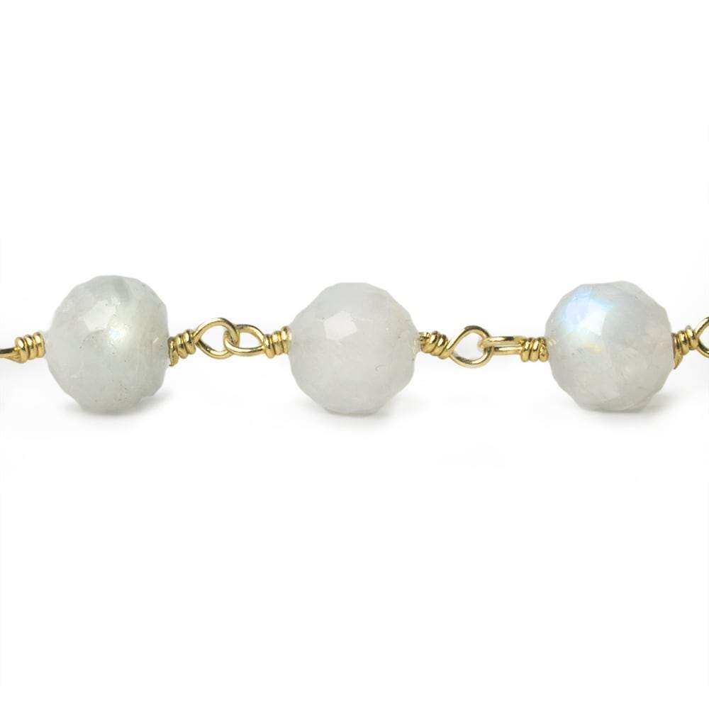 7-8mm Rainbow Moonstone faceted round Gold Chain by the foot 23 pieces
