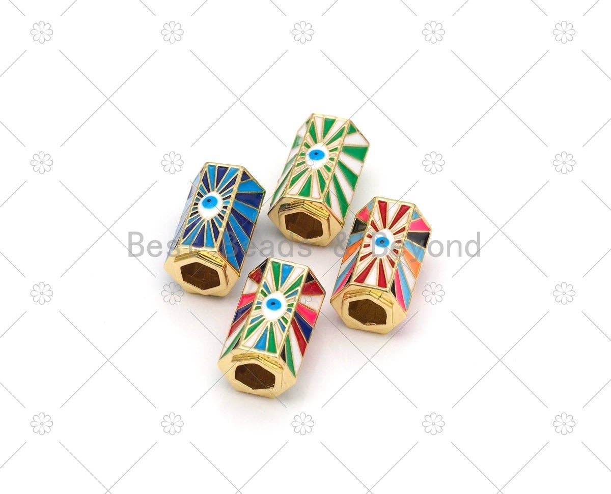 Colorful Enamel Evil Eye On Hexagon Shape Large Hole Tube Spacer Beads, 18K Gold Filled Drum Barrel Beads,14x22mm, Sku#Y531