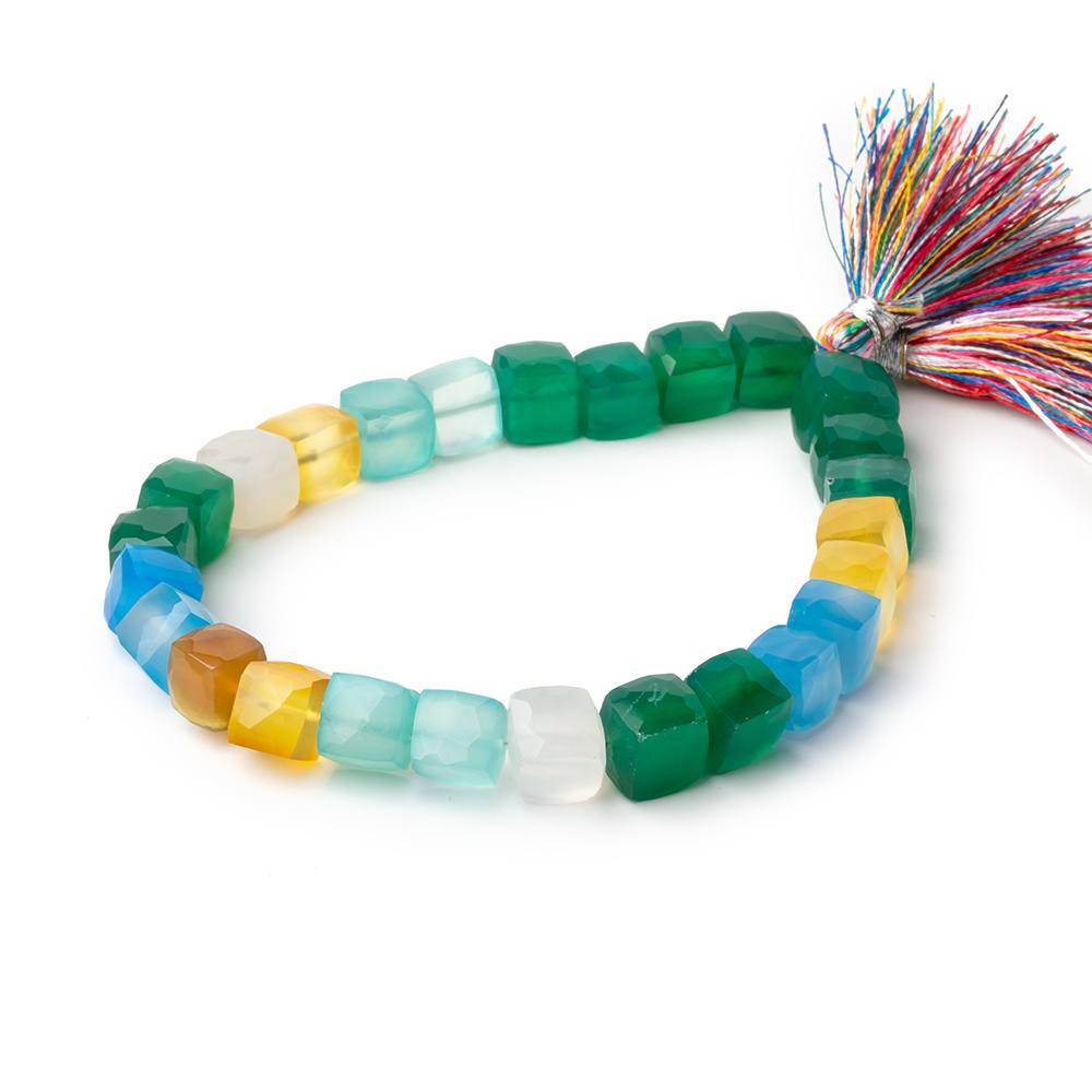 7.5-9mm Multi Color Chalcedony Faceted Cubes 8 inch 25 Beads
