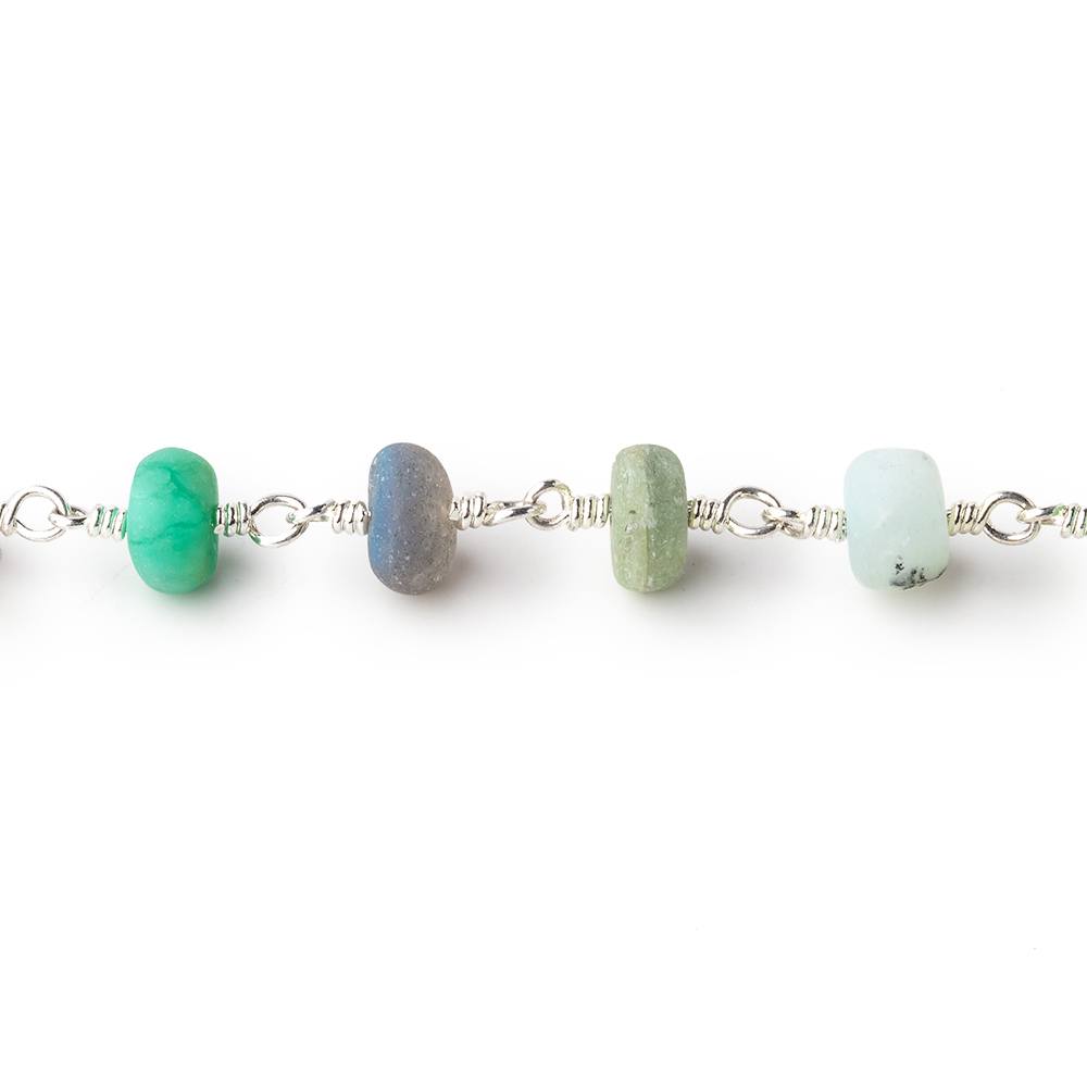 7mm Matte Multi Gem Plain Rondelles on Silver Plated Chain by the Foot 27 pcs