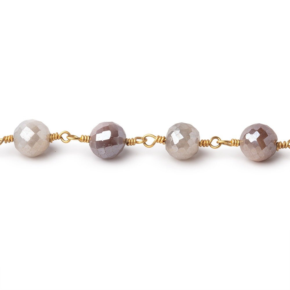 7mm Mystic Multi Color Moonstone Faceted Rounds on Gold plated Chain