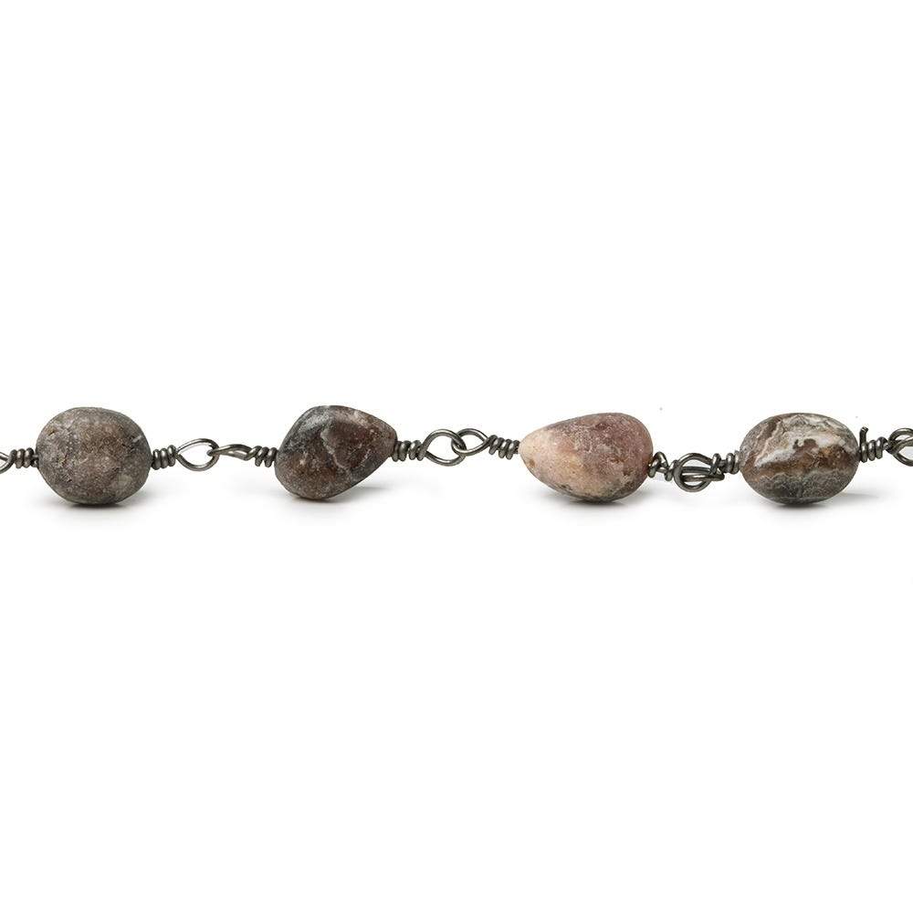 7x5-9x6mm Matte Chocolate Rhodochrosite plain nugget Black Gold plated Chain by the foot