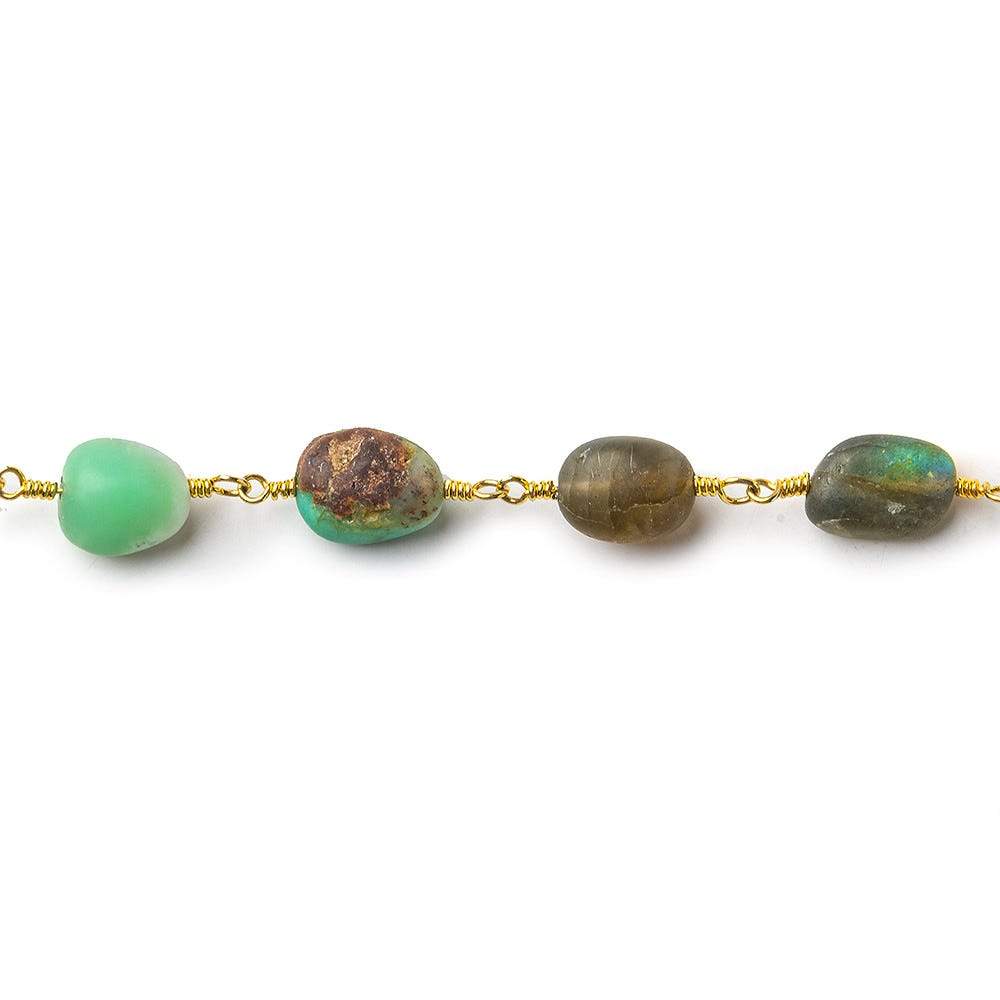 7x6-11x7mm Matte Multi Gemstone plain nugget Gold plated Chain by the foot 20 beads per