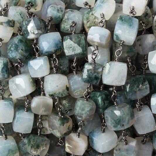 7x7mm Moss Agate faceted cube Black Gold plated .925 Silver Chain by the foot 22 pcs