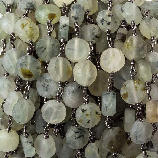 8-9mm Matte Dendritic Prehnite plain coin Black Gold plated Chain by the foot