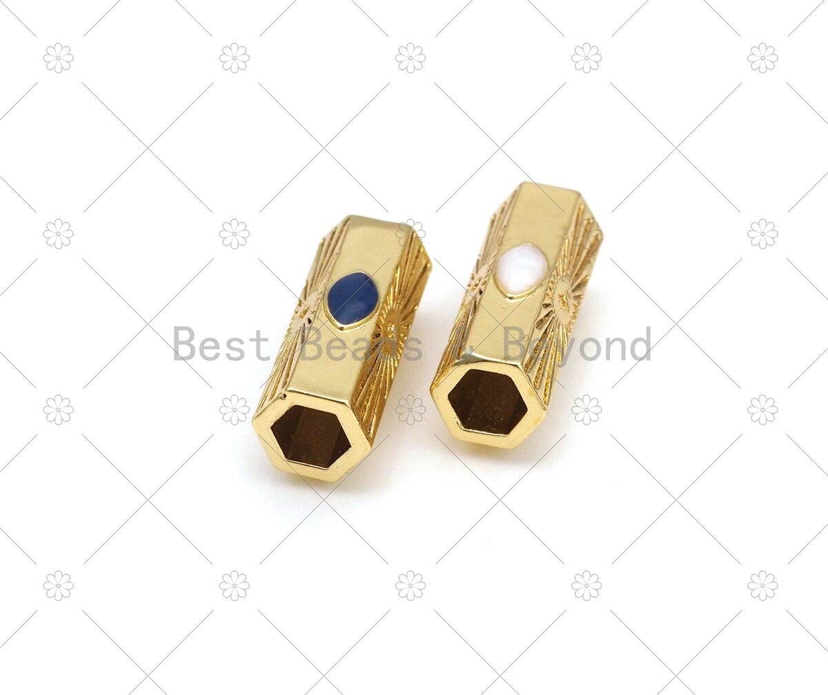 Cobalt/White Oval Enamel On Hexagon Shape Large Hole Tube Spacer Beads, 18K Gold Filled Beads,Tube Spacer,9x23mm, Sku#Y527