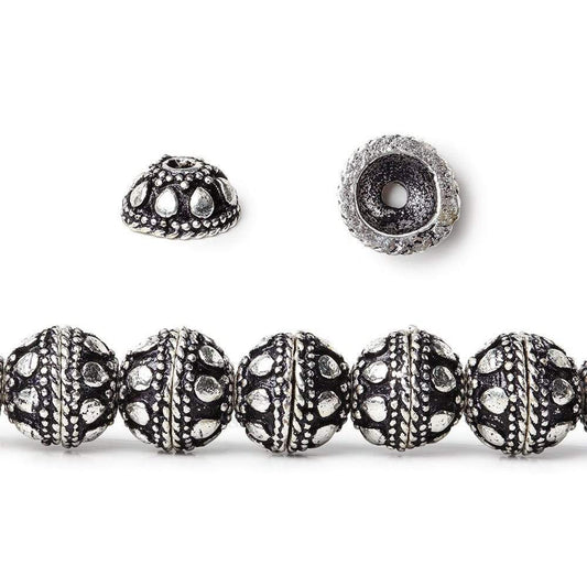 8mm Antiqued Sterling Silver plated Bead Cap Dots and Rope Center Design 8 inch 54 beads