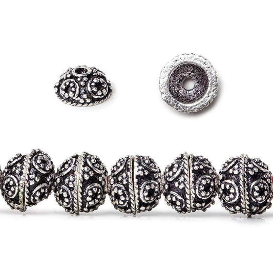 8mm Antiqued Sterling Silver plated Bead Cap Round & Miligrain Circle Design 8 inch 54 beads