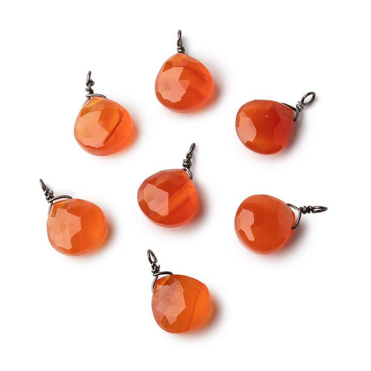 8mm Black Gold Wire Wrapped Orange Chalcedony Faceted Heart 1 Focal Pendant