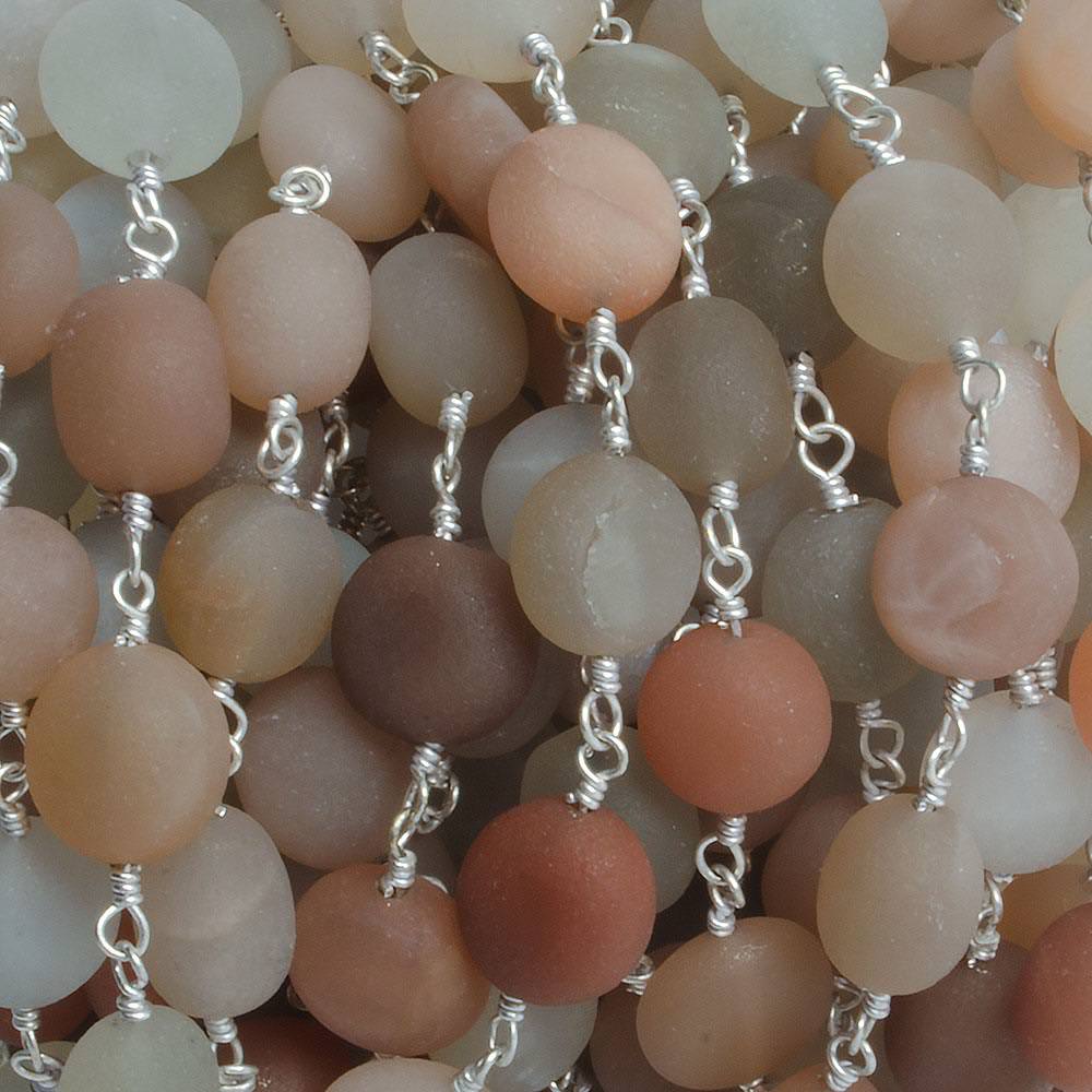8mm Matte Multi Color Moonstone coin & nugget Silver plated Chain by the foot with approximately 20 pieces