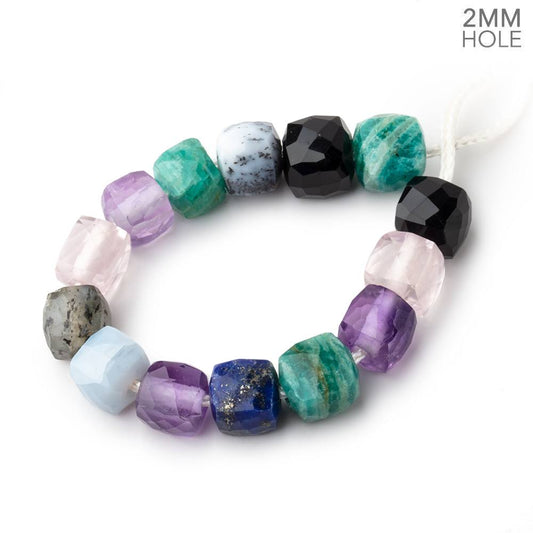 8mm Multi Gemstone 2mm Large Hole Faceted Cube Beads Set of 14