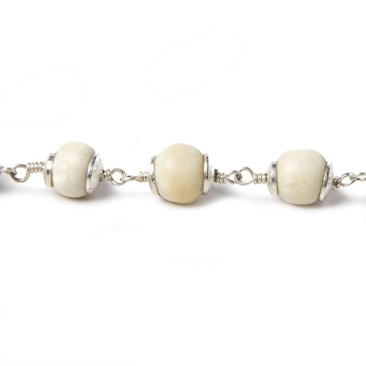 8mm Off White Bone rounds Silver plated Cap and Chain by the foot 19 pieces