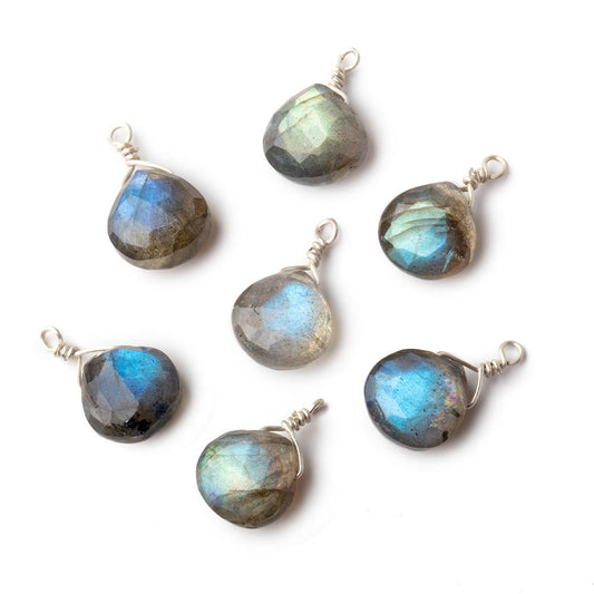 8mm Silver Wire Wrapped Labradorite Faceted Heart 1 Focal Pendant