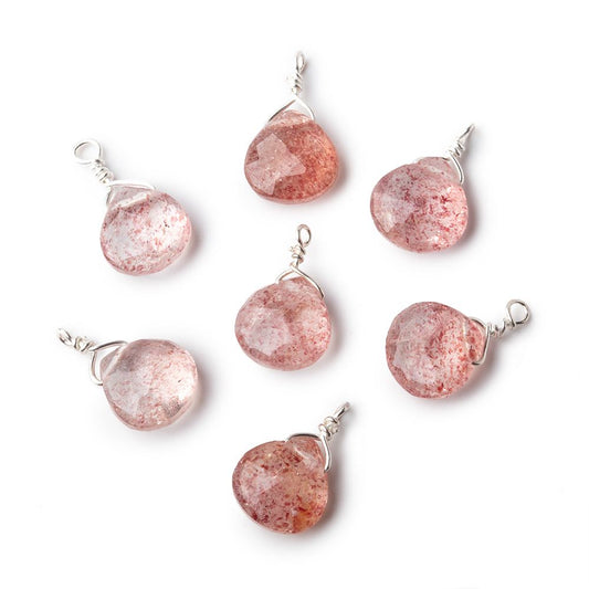 8mm Silver Wire Wrapped Strawberry Quartz Faceted Heart 1 Focal Pendant