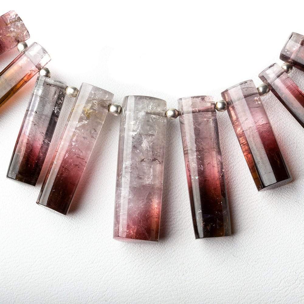 8x4x4-25x8x8mm Bi-Color Tourmaline top drilled plain Triangular Tubes 8 inch 25 beads AAA