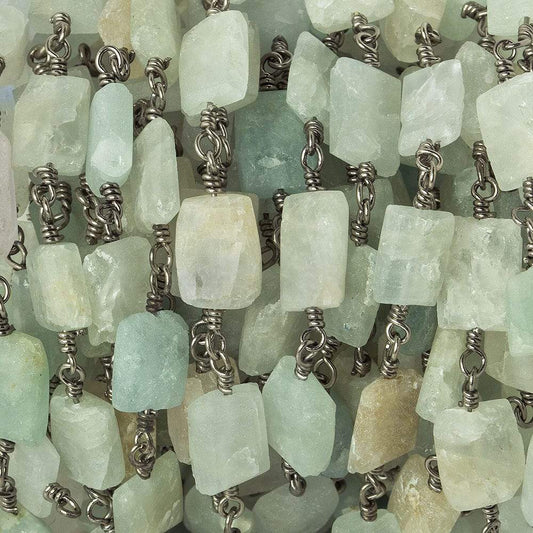 8x7-11x7mm Aquamarine Bevel Faceted Rectangle Black Gold plated Chain by the foot 18 beads