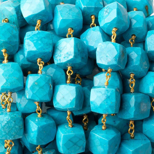 8x8-10x10mm Turquoise Howlite faceted cube Gold plated Chain by the foot 21 pieces