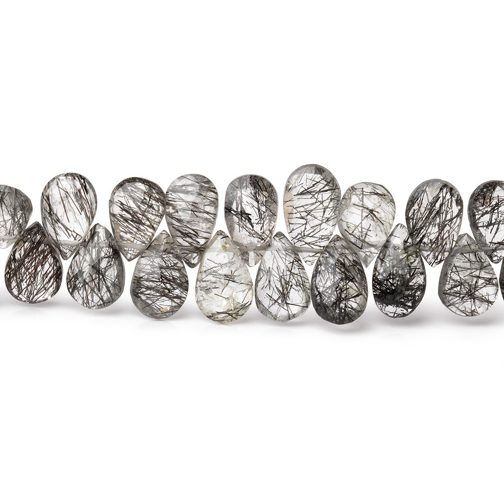 9-10mm Black Tourmalinated Quartz Faceted Pear Beads 8 inch 60 pieces
