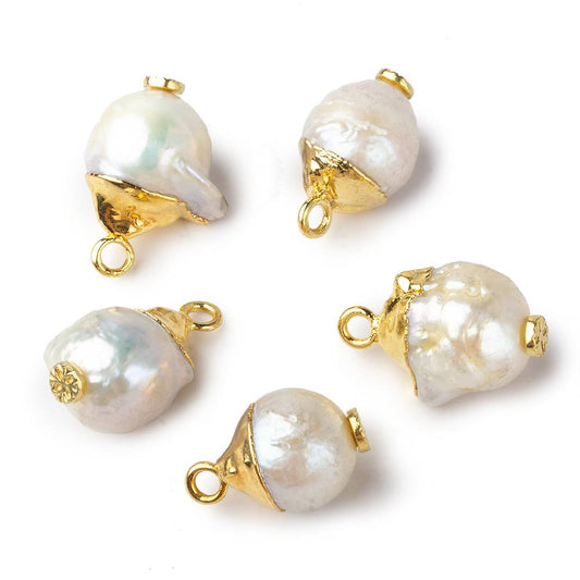 9.5mm Gold Leafed White Round Freshwater Pearl Pendant Focal Bead 1 piece