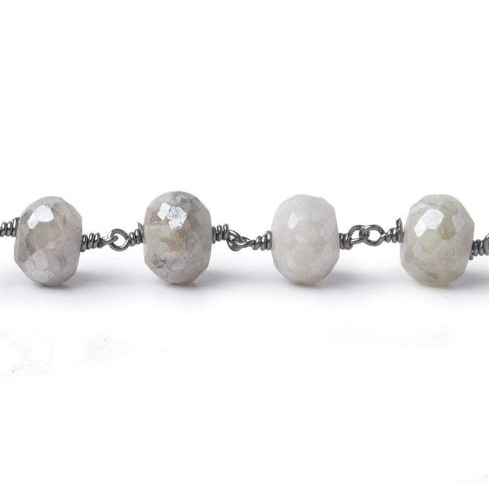 9mm Mystic Platinum Grey Moonstone faceted rondelle Black Gold Chain by the foot 24 pcs