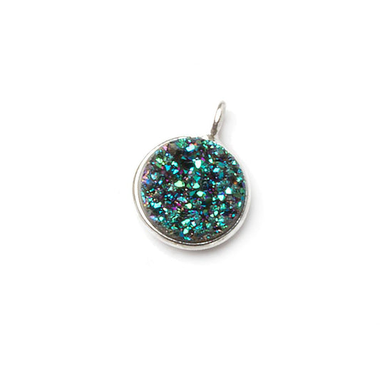9mm Silver .925 Bezel Mermaid Green Drusy Coin Pendant 1 piece with side facing ring