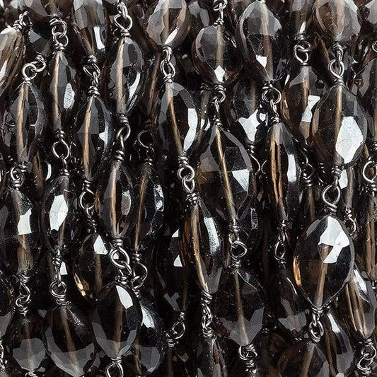 9x6-10x7mm Smoky Quartz facet oval Black Gold .925 Chain by the foot 20 beads