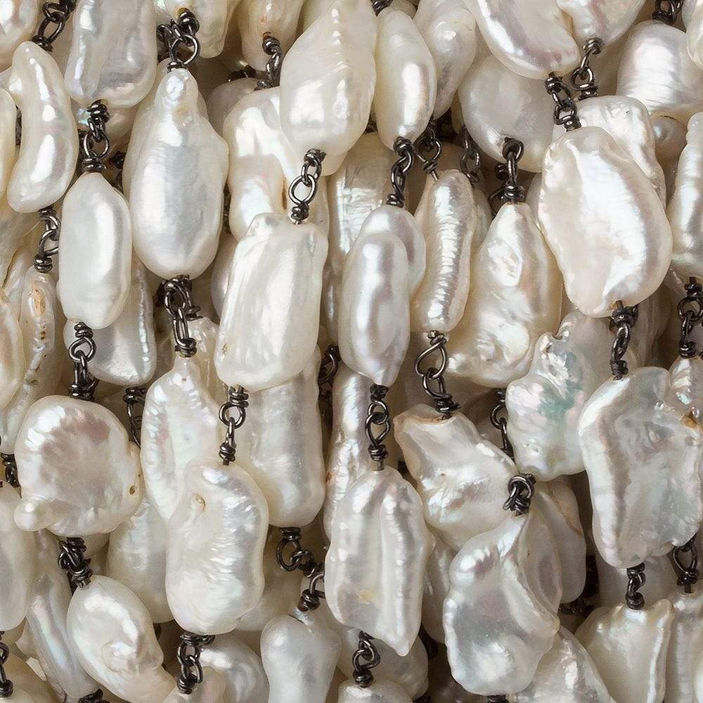 9x7-15x11mm Cream Keshi Pearl Black Gold .925 Silver Chain