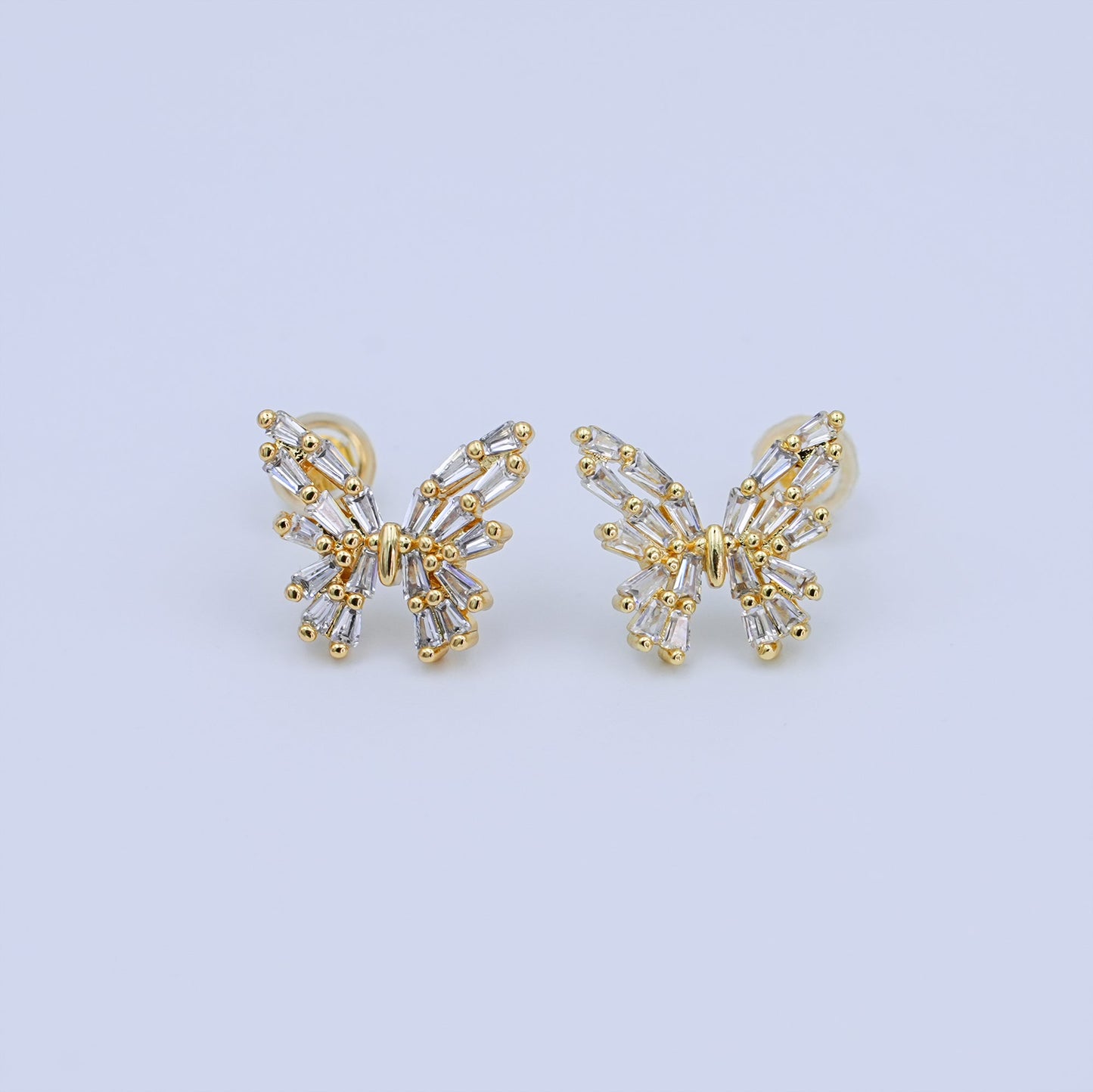 24K Gold Filled Baguette CZ Butterfly Insect Stud Earrings | AB872