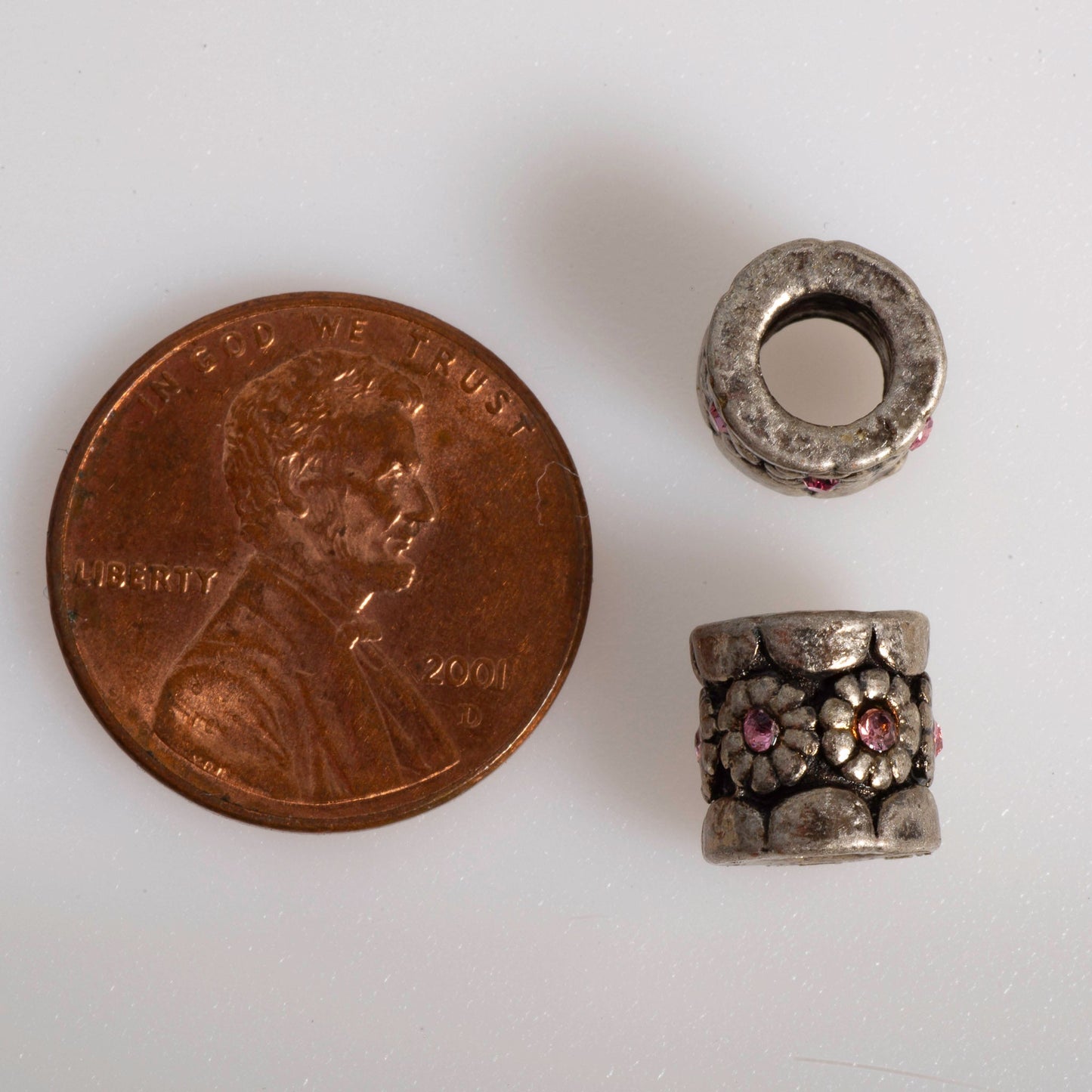 Large Hole Flower Bead with Pink Crystal - Made from Pewter - Measures 7mm x 5mm - Sold by the Piece - CBS5/A500