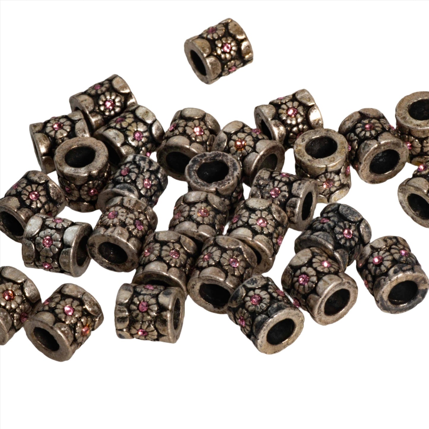 Large Hole Flower Bead with Pink Crystal - Made from Pewter - Measures 7mm x 5mm - Sold by the Piece - CBS5/A500