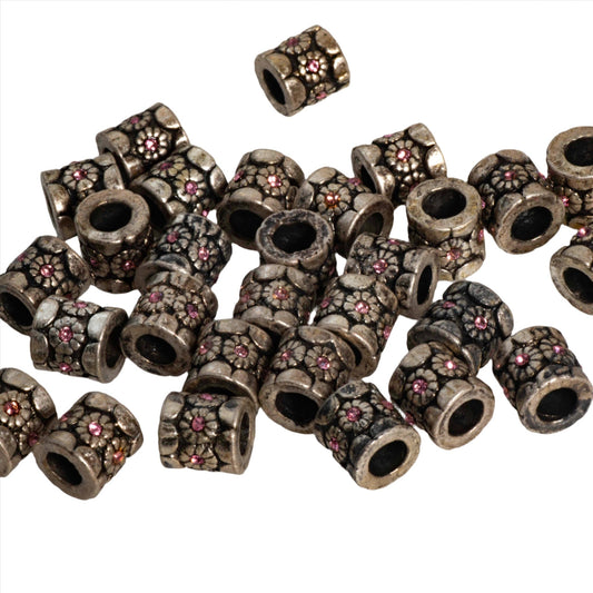 Large Hole Flower Bead with Pink Crystal - Made from Pewter - Measures 7mm x 5mm - Sold by the Piece - CBS5/A500