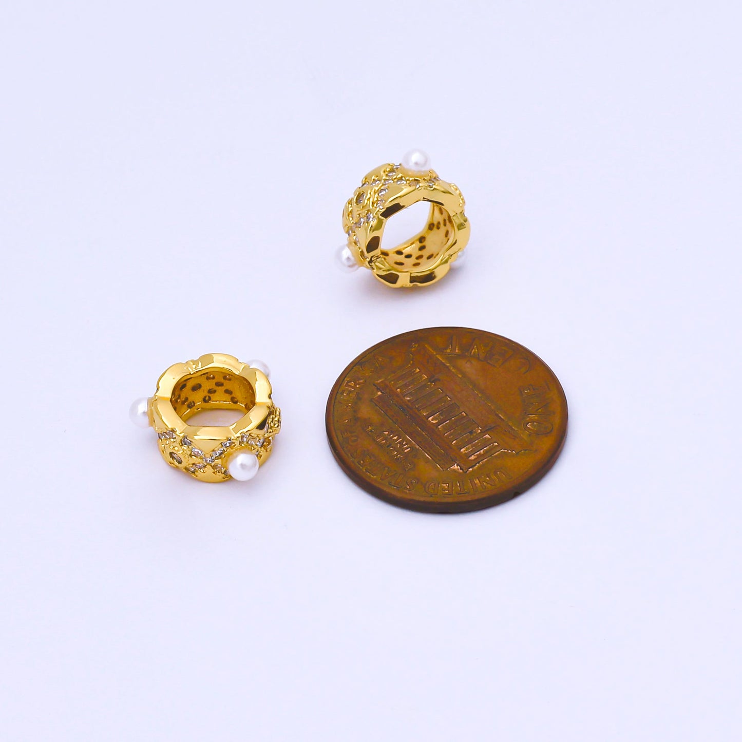 16K Gold Filled Shell Pearl Micro Paved CZ Geometric Rhondelle Bead | B136