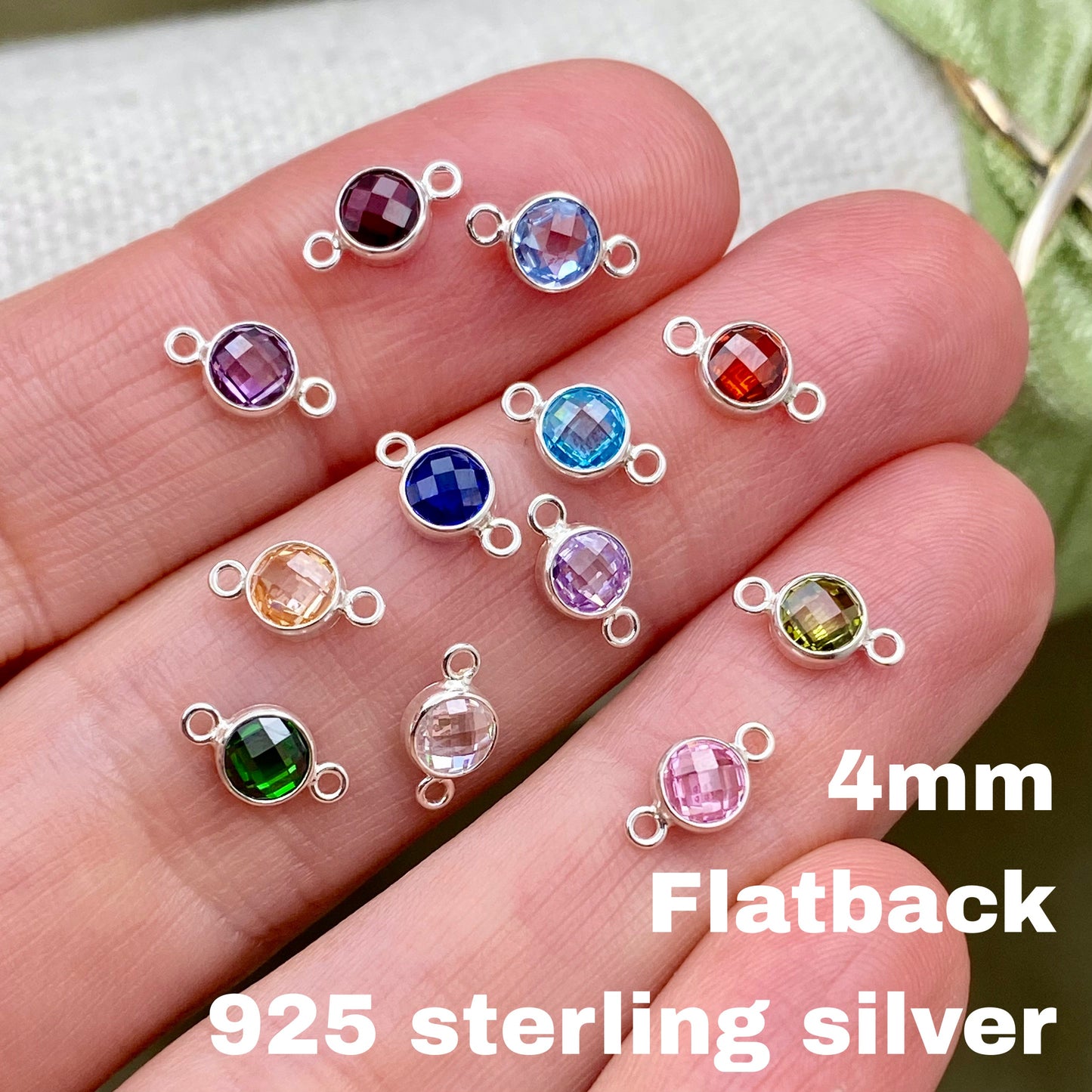 Luxe Flatback Birthstone Connectors 4mm - Sterling Silver - 3 Pack/12 Pack - B46S - Luxe Colors