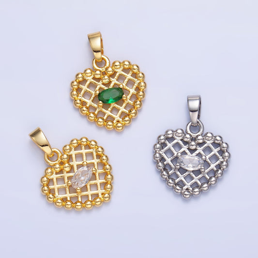 24K Gold Filled Clear, Green CZ Beaded Ball Heart Pendant in Gold & Silver | AA1431 AA1432