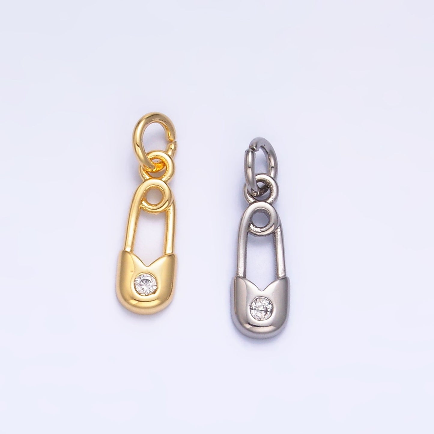 24K Gold Filled Clear CZ Safety Pin Mini Charm in Gold & Silver | W882