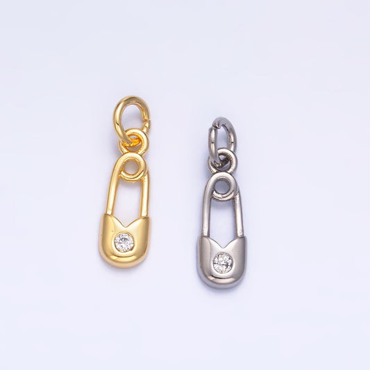 24K Gold Filled Clear CZ Safety Pin Mini Charm in Gold & Silver | W882
