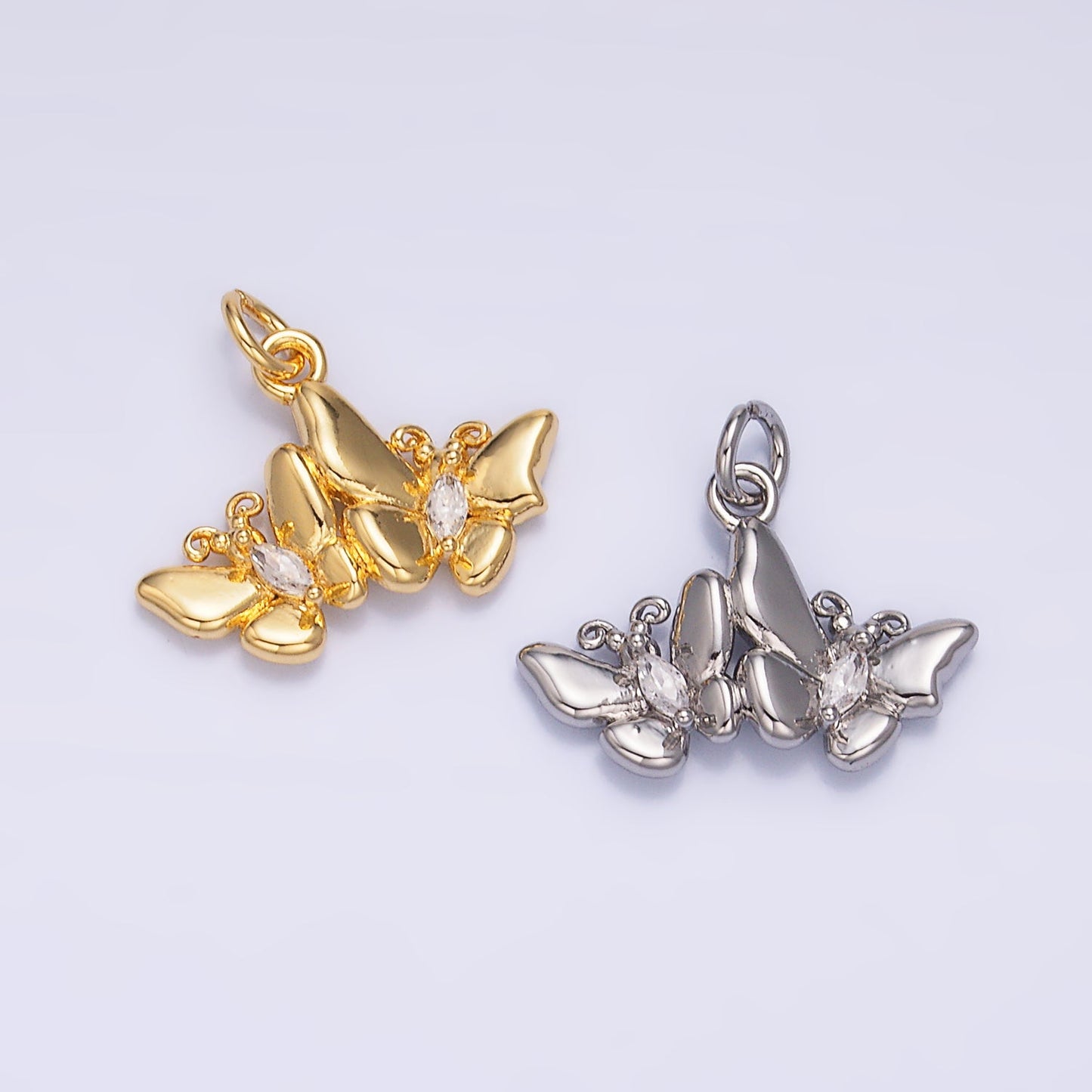 24K Gold Filled Marquise CZ Double Butterfly Mariposa Charm in Gold & Silver | W828