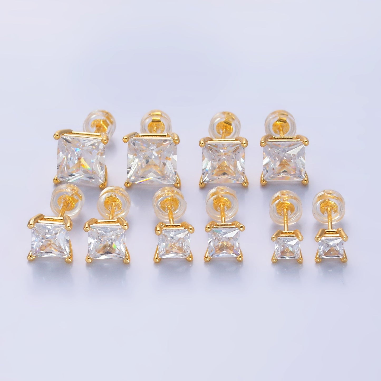 24K Gold Filled 5mm, 6mm, 7mm, 9mm Clear CZ Square Baguette Stud Earrings | AB168 - AB185