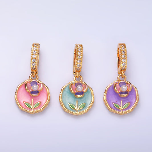24K Gold Filled Green, Purple, Pink Daisy Flower Micro Paved CZ Snap Bail Pendant | AA1442 AA1443