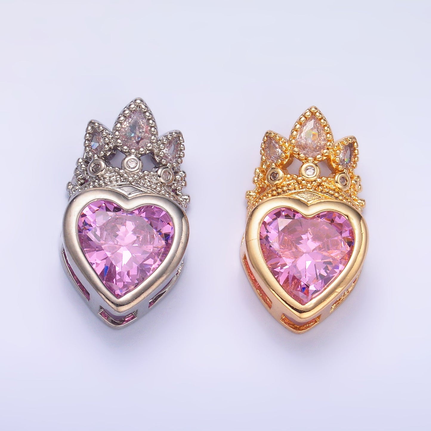 24K Gold Filled Pink CZ Heart Crown Pendant in Gold & Silver | AA1441