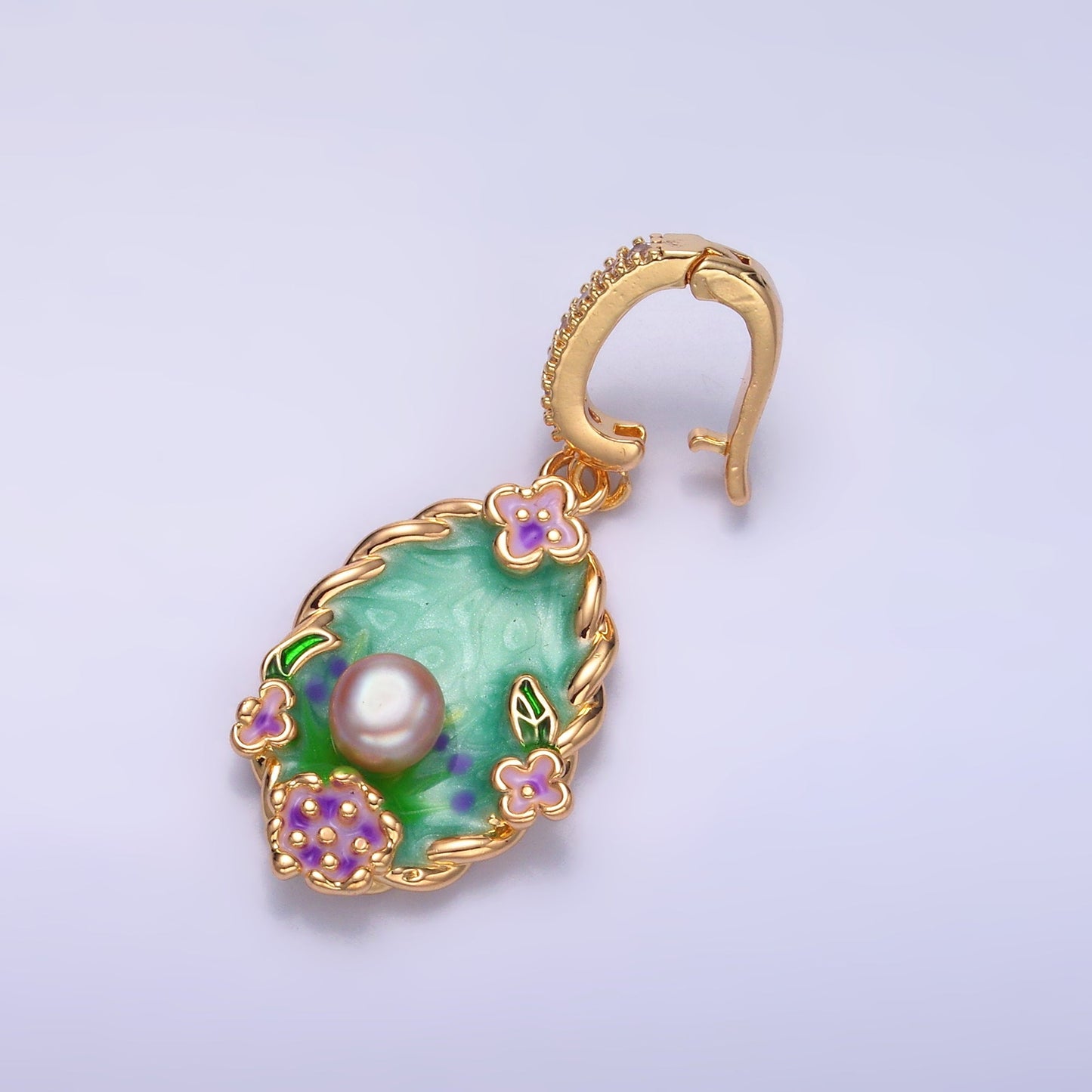 24K Gold Filled Green Floral Oasis Micro Paved CZ Snap Bail Pendant | AA1445