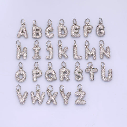 White Gold Filled Micro Paved CZ Chubby Balloon Initial Letter Pendant | A157 - A169