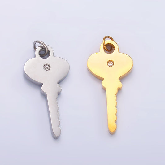 Stainless Steel Clear CZ Vintage Key Charm in Gold & Silver | P849