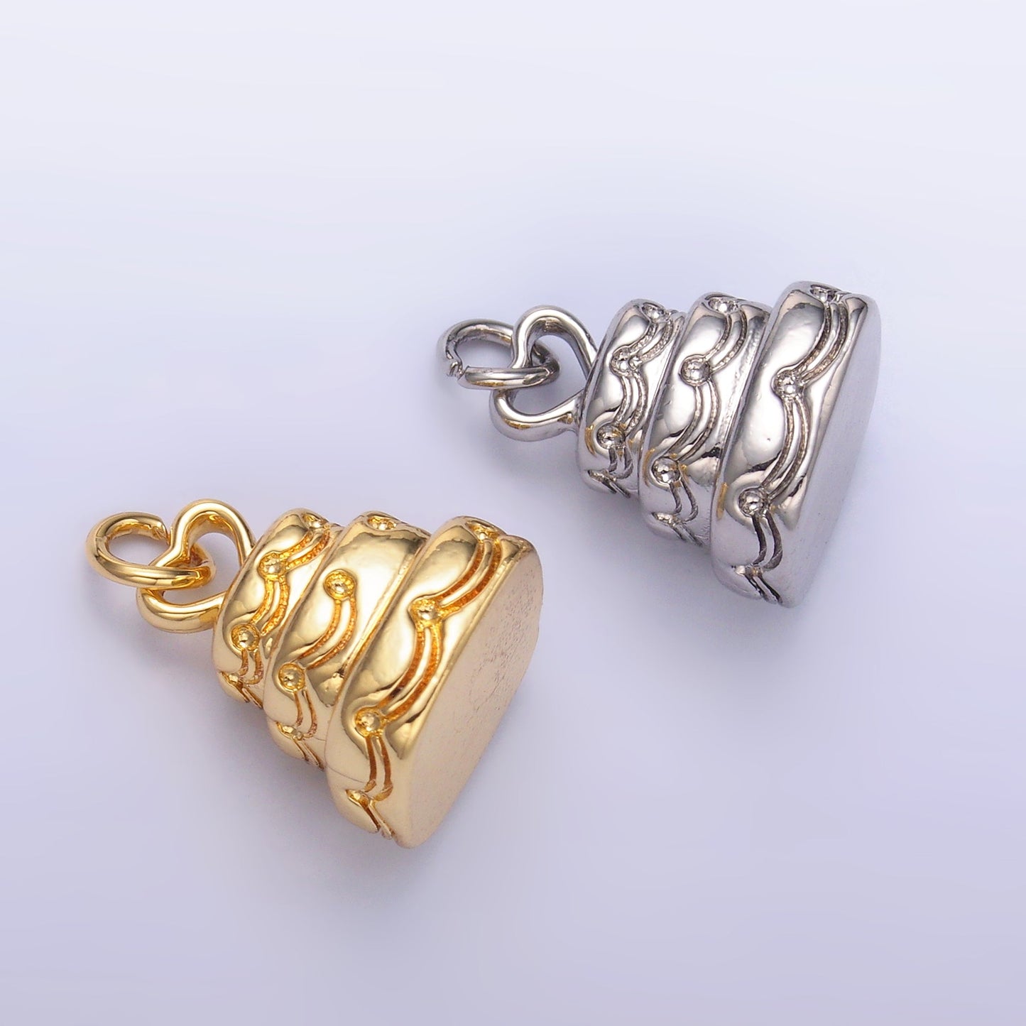 24K Gold Filled Heart Love Cake Multidimensional 3D Charm in Gold & Silver | D628
