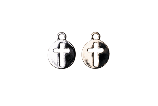 14mm x 10.5mm Cross Cut-Out Flat Disc Charm - Made of Plated Zinc - Sold Individually - K128