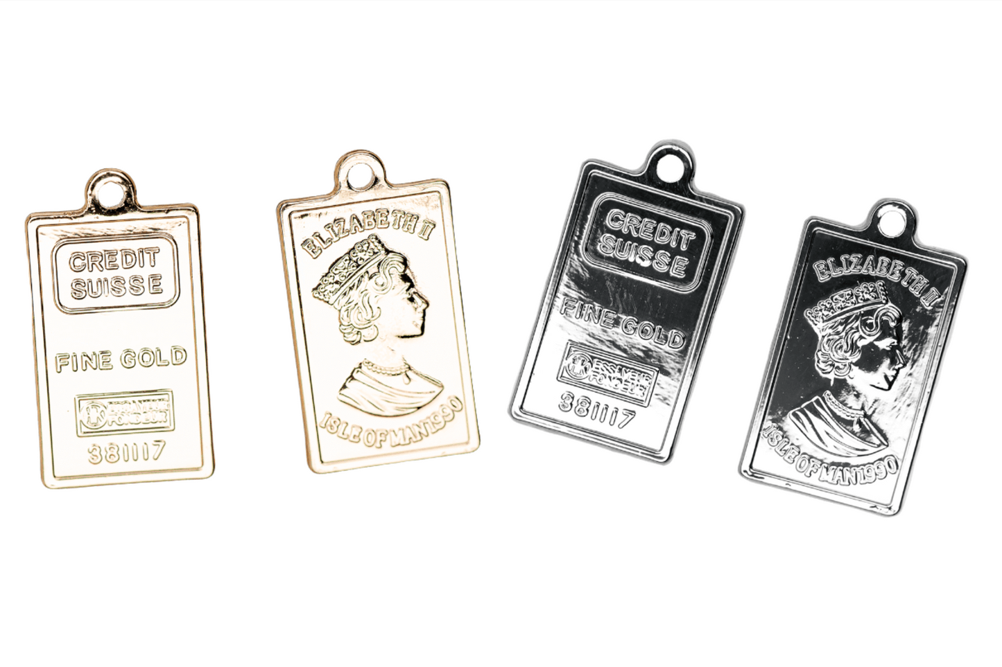 22.5mm x 12.5mm Bullion Bar Charm - Made from Zinc - Double-Sided - Silver and 18k Gold Finishes - Sold by the Piece - K156