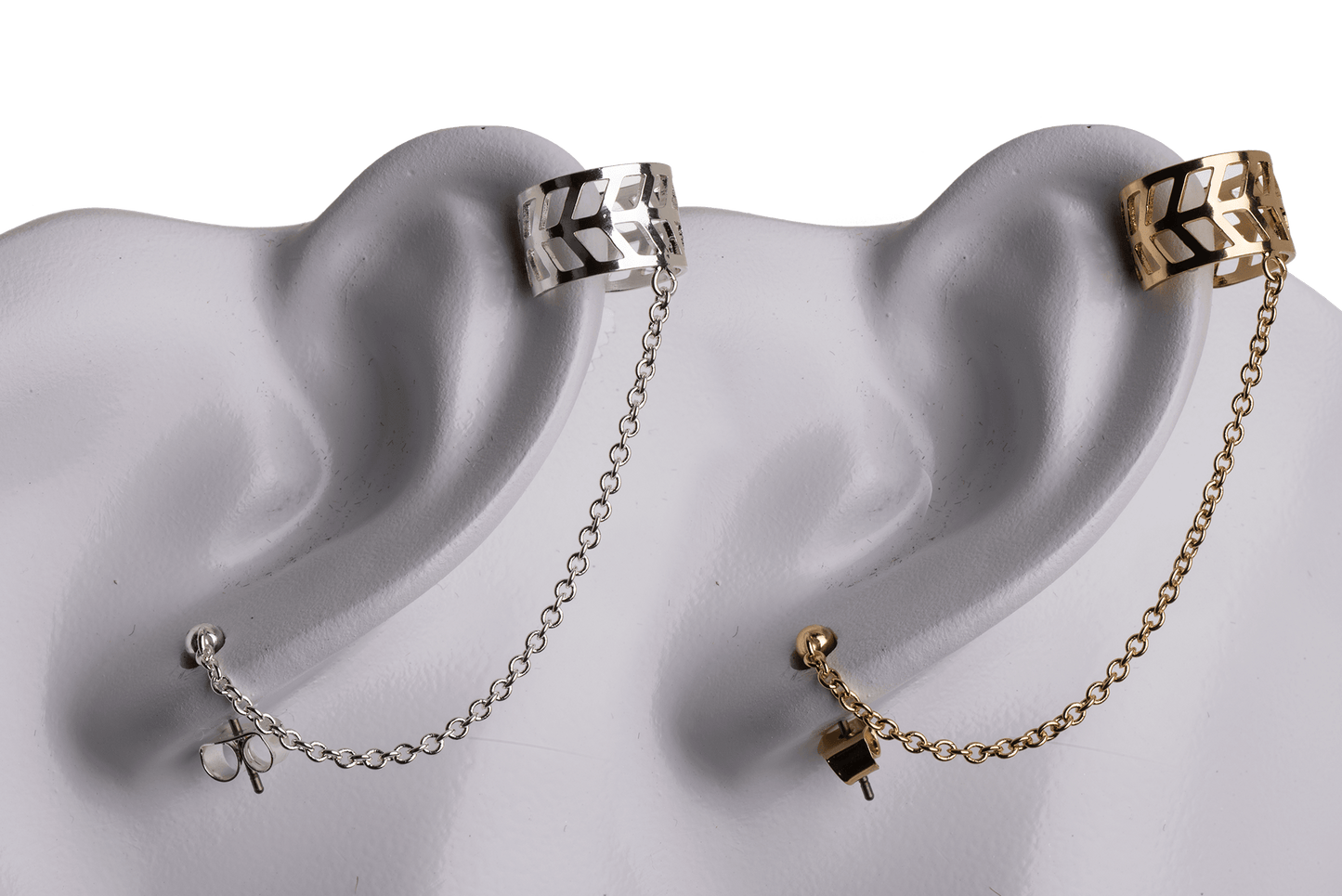 Earring Cuff with Chain, Post, and Earnut - Silver and Gold Finishes - Electro-Plated - Sold by the Piece - KE-33
