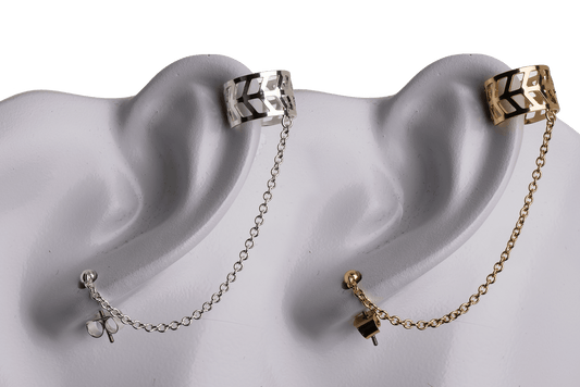 Earring Cuff with Chain, Post, and Earnut - Silver and Gold Finishes - Electro-Plated - Sold by the Piece - KE-33