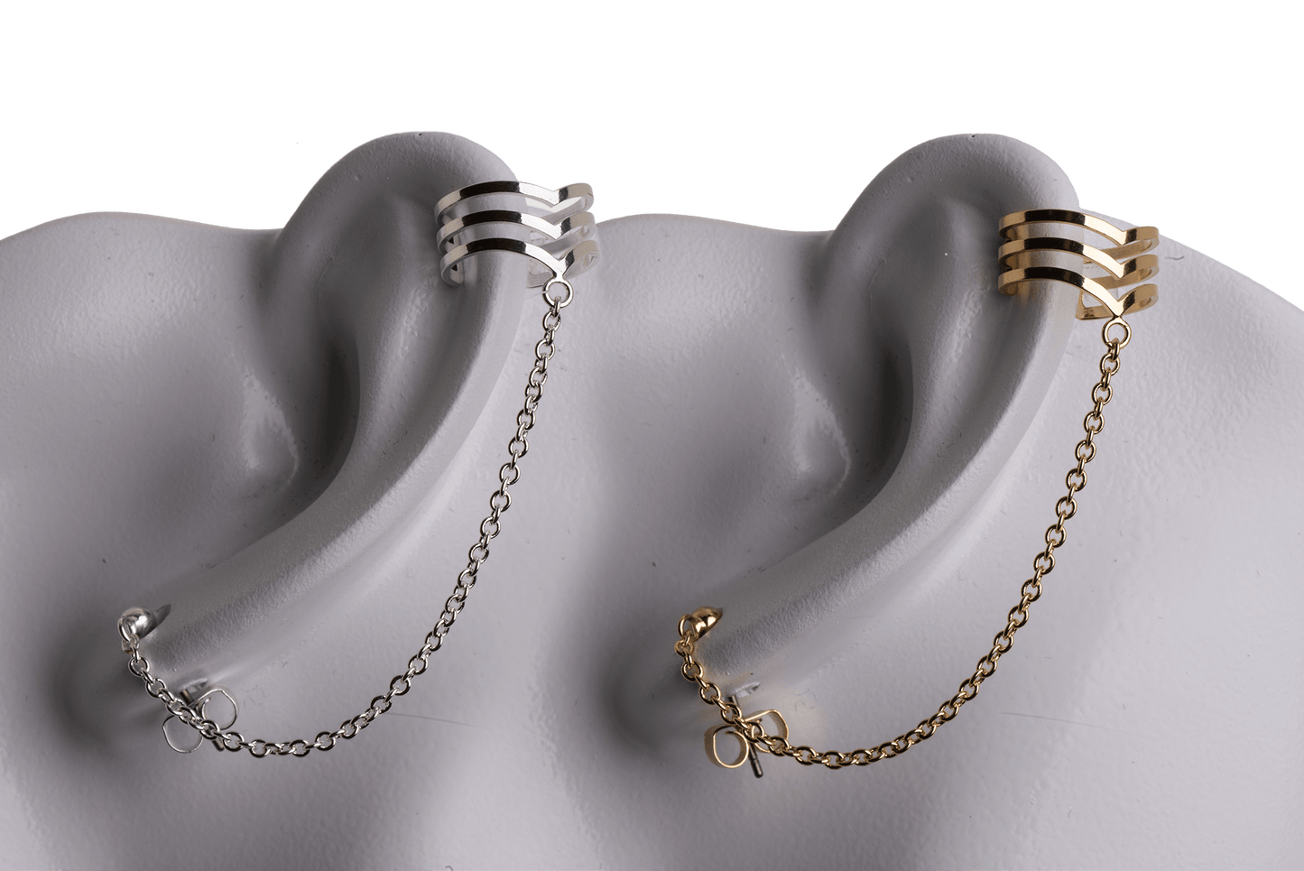 Earring Cuff with Chain, Post, and Earnut - Silver and Gold Finishes - Electro-Plated - Sold by the Piece - KE-34