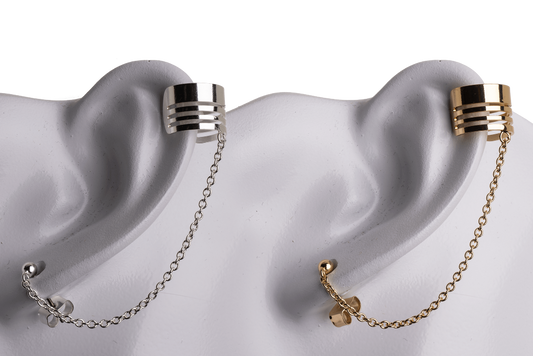 Earring Cuff with Chain, Post, and Earnut - Silver and Gold Finishes - Electro-Plated - Sold by the Piece - KE-36